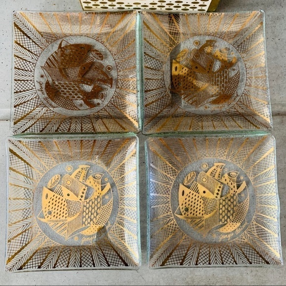 Mid Century Georges Briard Gold Etched Boxed Glass Plate Set | Set of 4 | Birds - Picture 3 of 8